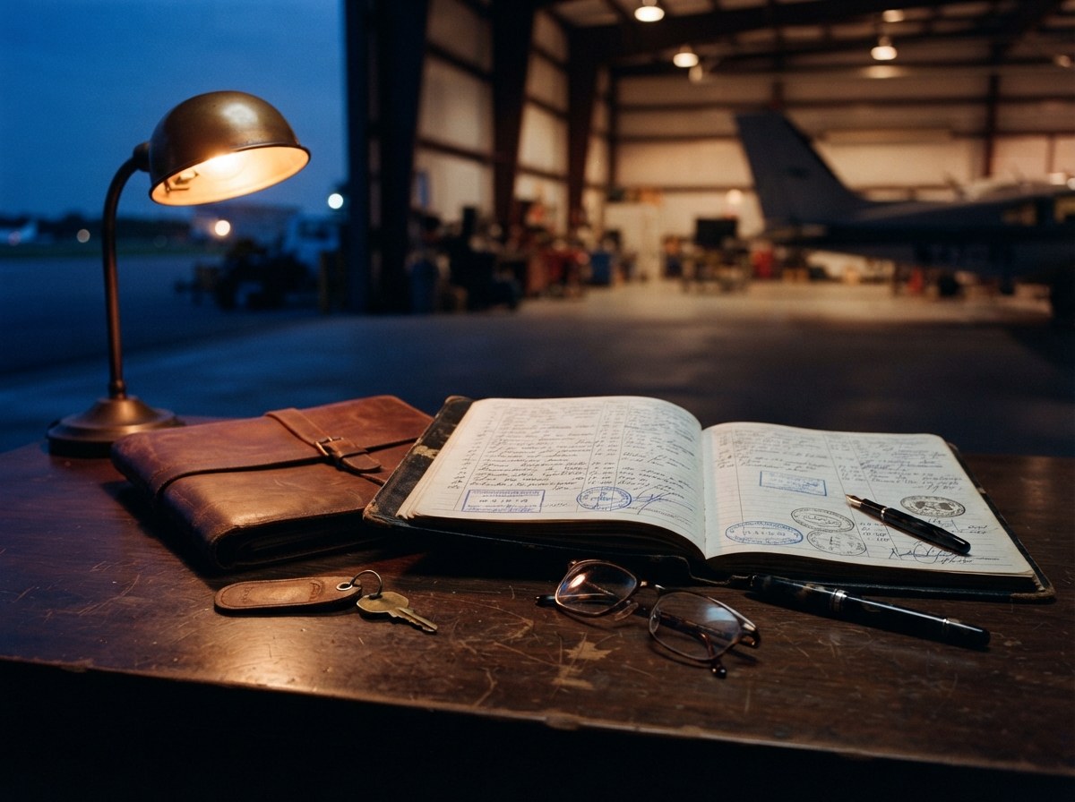 Logbook de manutenção aberto sobre a mesa